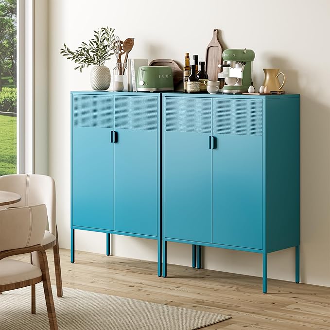 Ustamio Blue Metal Storage Cabinet - 3 Tier Steel Office Storage Cabinet with Doors and Shelves for Home, Office and Kitchen