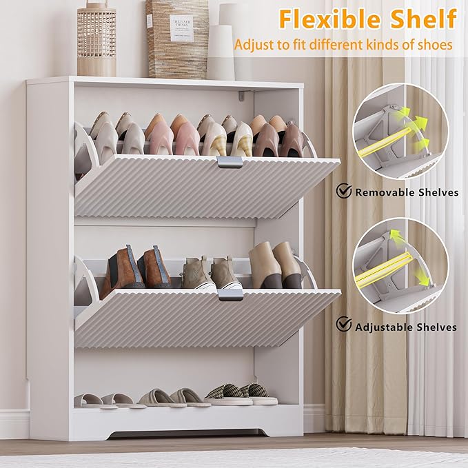 BORNOON Shoe Cabinet with 2 Flip Drawers, Fluted Shoe Storage Cabinet with Adjustable Shelves, Freestanding Rack and Organizer for Entryway, Closet, Hallway