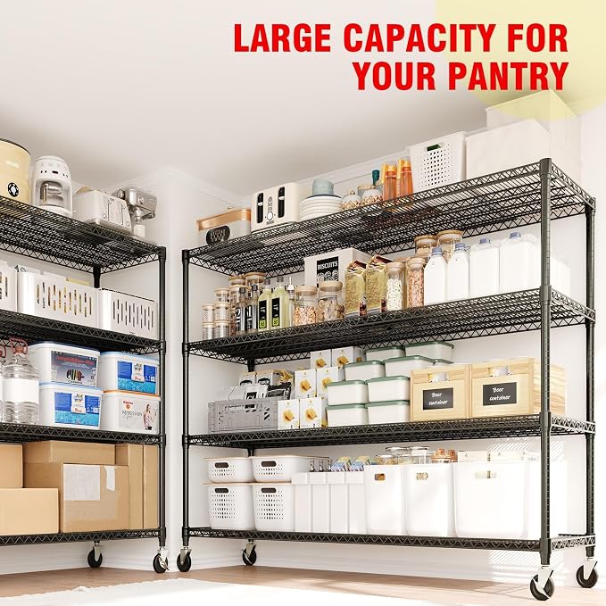 Metal Storage Shelving with Wheels, 4 Tiers Heavy Duty Rolling Storage Shelves with Adjustable Wire Racks, 59"W*74"H*24"D Garage Shelving Units, 2640LBS, for Kitchen Pantry Commercial Industrial,Black