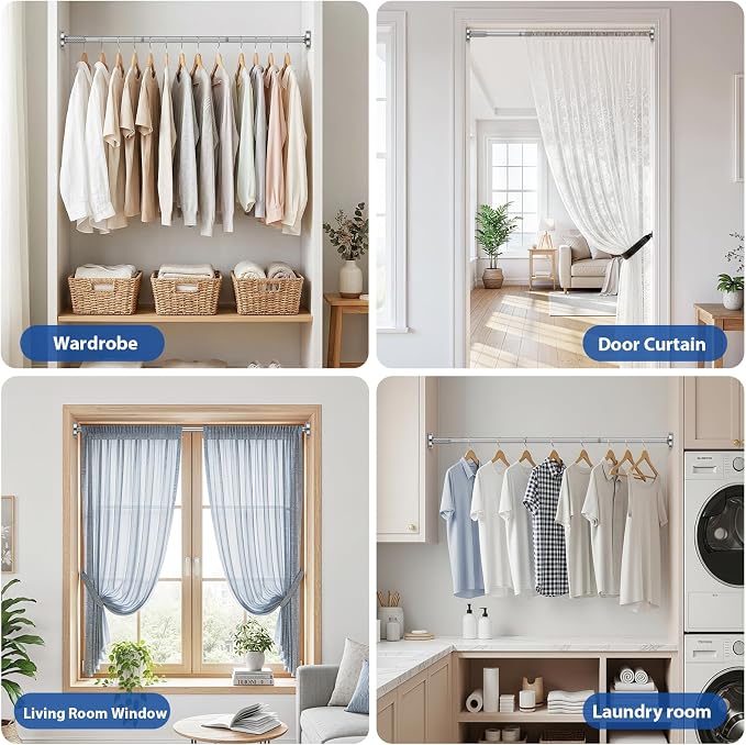 Shower Curtain Rod 32-62Inch Silver Shower Rod Tension Rod Adjustable Curtain Rods no Drilling Tension Curtain Rods for Bathroom,Windows,Closets,Doorway