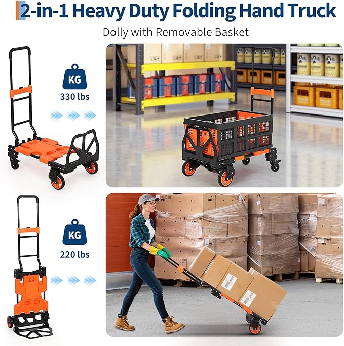 Versatile 2-in-1 Folding Hand Truck Dolly – Collapsible Basket, Retractable Handle, 4 Wheels – Heavy Duty Moving and Shopping Platform, 330 Lb Capacity, Foldable and Compact for Easy Storage