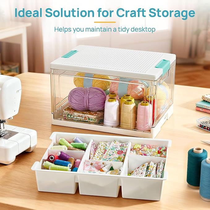 Vtopmart 24 QT Plastic Storage Box with Building Baseplate Lid and Removable Tray,Craft Organizer and Storage for Art Supplies, Beads and Sewing,2 Pack