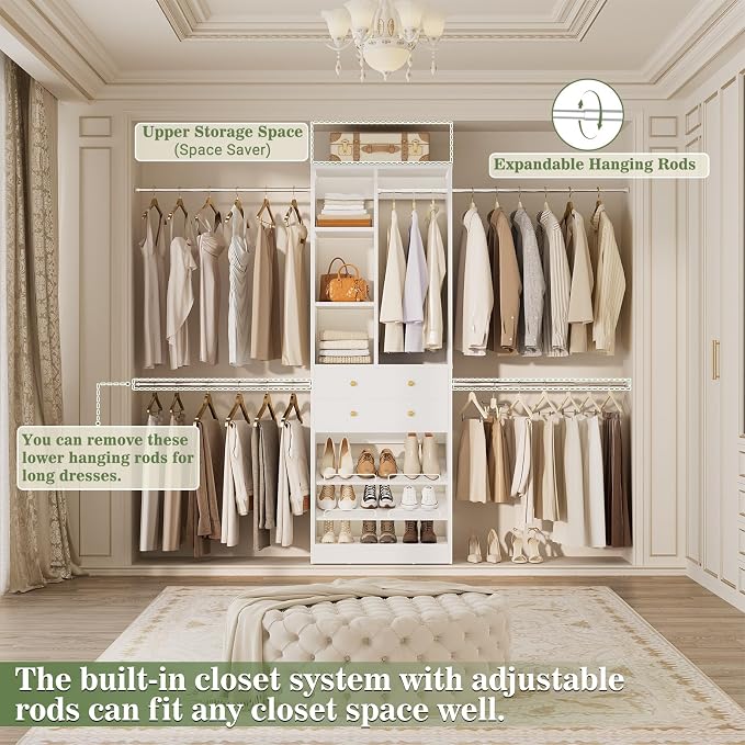 Besiost Closet System, 4.2–8.8 FT Closet Organizer with 2 Wooden Drawers and Shelves, Walk-in Closet System with Hanging Rods, Built-in Closet Tower, Can Fit 60 to 96 inch, White