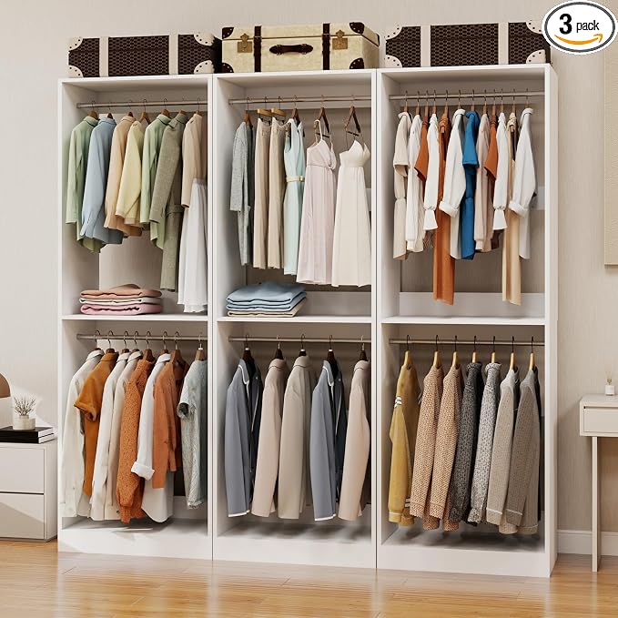Closet System, 6FT-16FT Wood Closet Organizer System | 81" Tall Modular Closet Storage System with 9 Hanging Rods, Standalone Walk In Closet System,Set of 3, White Engineer Wood