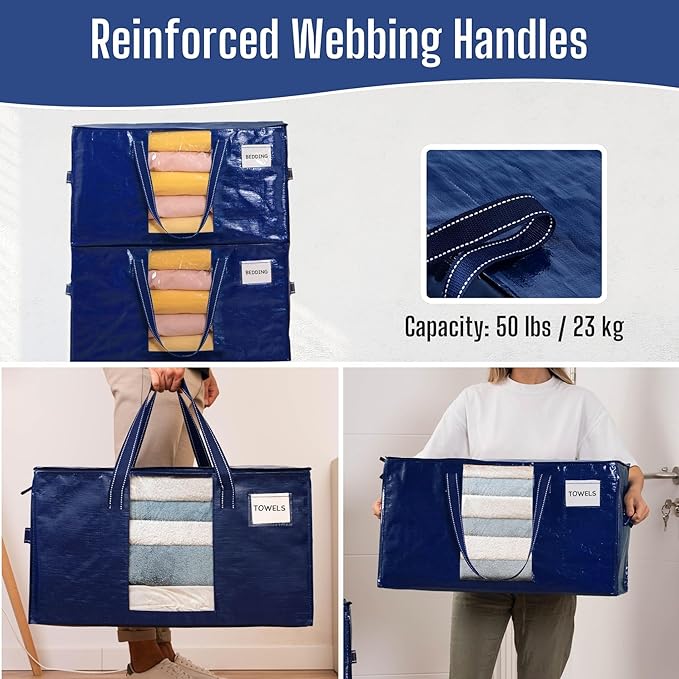 VENO 8 Pack Heavy Duty Moving Bags, Clothes and Comforter Storage Bags with Clear Window, College Dorm Essentials Packing Supplies, Foldable Boxes Alternative (Blue, 8 Pack)