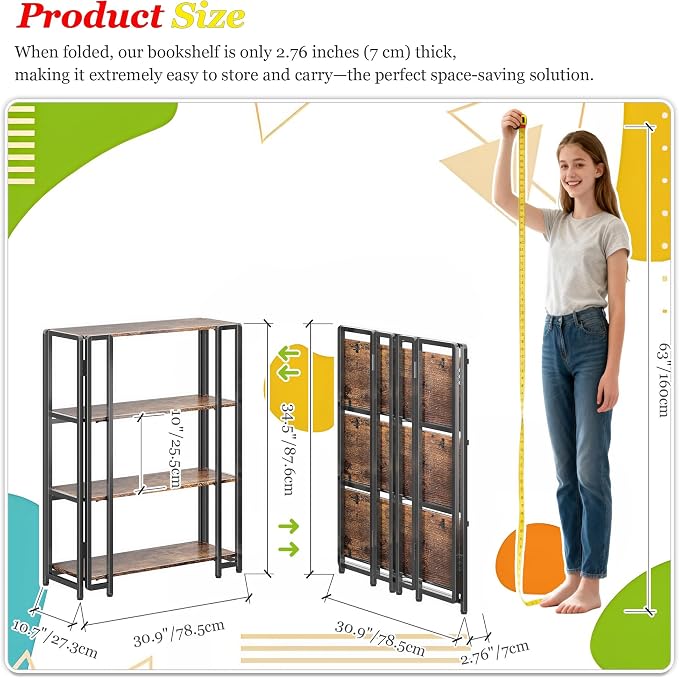 UDD 4 Tier Wide Folding Bookshelf No Tools Assembly, 34.5" H x 30.9" W, Foldable Book Shelf Vintage Collapsible Bookcase, Industrial Storage Shelves for Bedroom Office Living Room, Rustic Brown Black