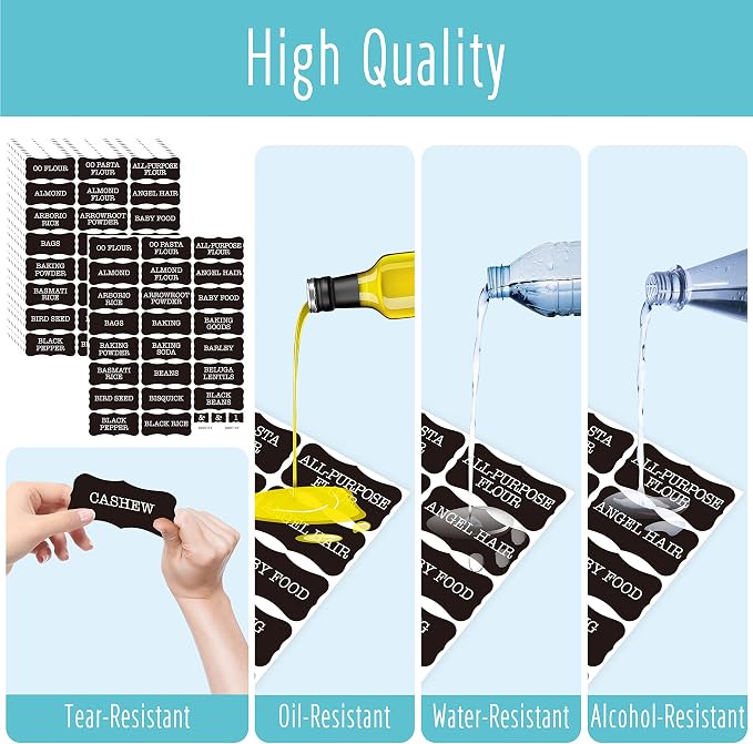 Hebayy 308 Pantry Food Labels, 280 Preprinted Flour Pasta Lentil Grain Condiment Oil Stickers, 28 Blank Ones, Waterproof Oil&Tear Resistant, No Residue for Kitchen Containers Jars(White on Black)