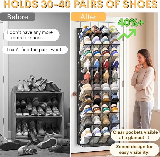 30-40 Pairs Over the Door Shoe Organizer, Clear Large Pockets Hanging Shoe Rack, Space-Saving Closet Door Organizer Fits Boots,Sneakers or Larger Shoes,Shoe Storage for Bedroom,Small Closet,Entryway