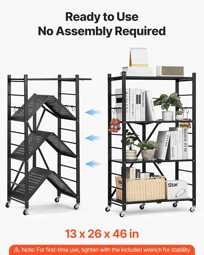 VEVOR 4-Tier Foldable Storage Shelf, 26W x 13D x 46H Inch Folding Metal Rack Shelving Unit, No Assembly Organizer Shelf with 5 Wheels & 4 Hooks for Pantry, Kitchen, Garage, Basement, Black