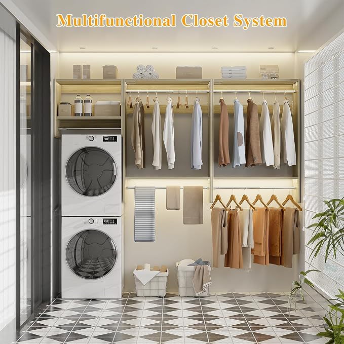 Unikito 36” - 96” Closet Systems, 8FT Walk in Closet Organizer Starter Kit with 5 Hanging Rod and 3 Shelves, Heavy Duty Reversible Wood Clothing Rack, Cut Be Cut to Fit, Max Load 1200 LBS, White Oak