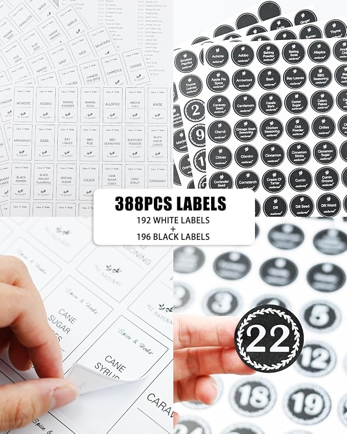 388 Pcs Spice Jar Labels Set- Stickers Waterproof Preprinted Pantry Labels with Blank Label, Black & White Stickers for Kitchen Jars Food Containers Spice Organizers Storage Bins