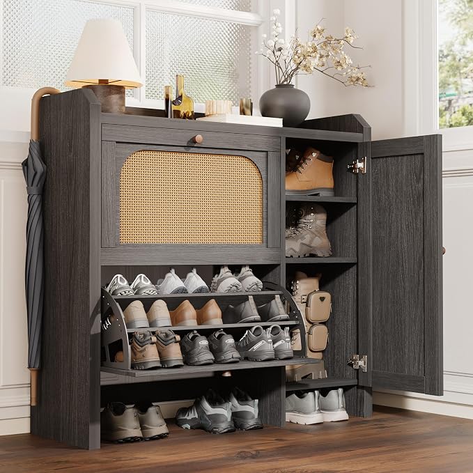 Mericonia Shoe Cabinet Storage for Entryway with 2 Flip Drawers(3-Tier), Rattan Freestanding with Door & 3 Adjustable Shelve,Hidden Shoe Rack Organizer for Hallway, Foyer