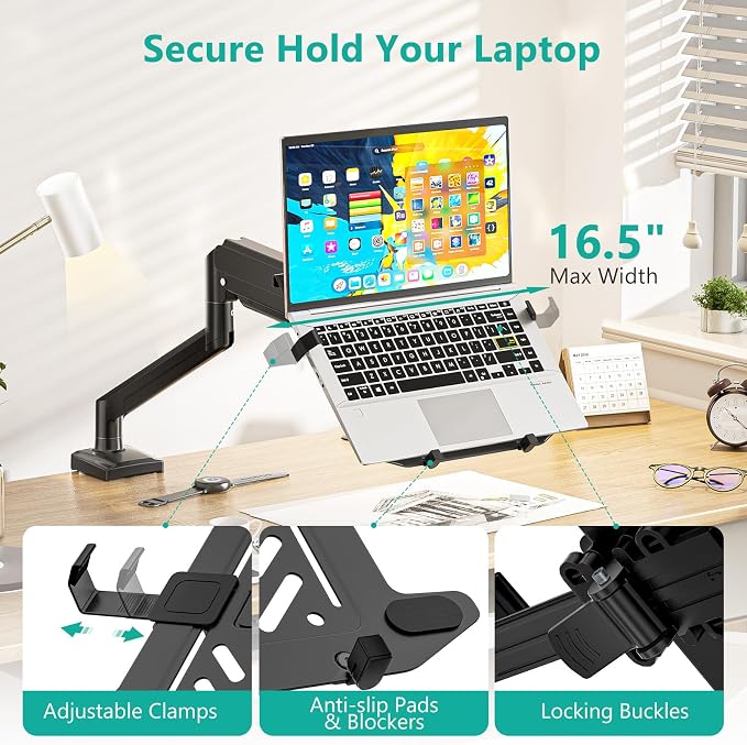WALI Single Arm Laptop and Monitor Desk Mount for 17" Notebook and Up to 32" Screen, 2-in-1 Adjustable Gas Spring Monitor Arm with Laptop Tray, VESA 75x75 100x100,Holds 22-26.4 lbs, Black (GSMP001NLP)