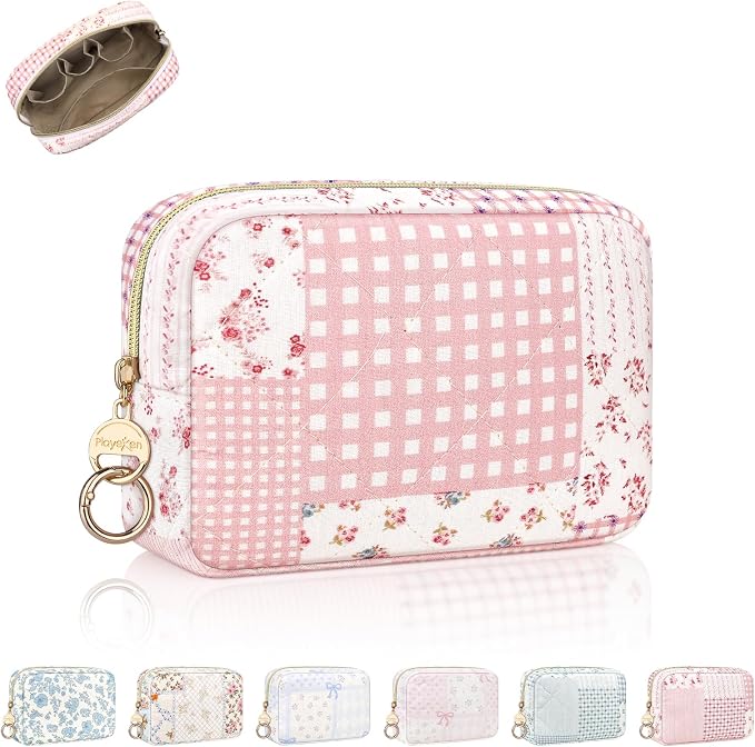 Quilted Small Makeup Bag, Multi Pockets Cosmetic Pouch, PJ Pink | Floral Travel Makeup Pouch, Make Up Pouch for Women, Purse Organizer Pouches for Travel/ Gym/ Daily Use, Perfect Gifts