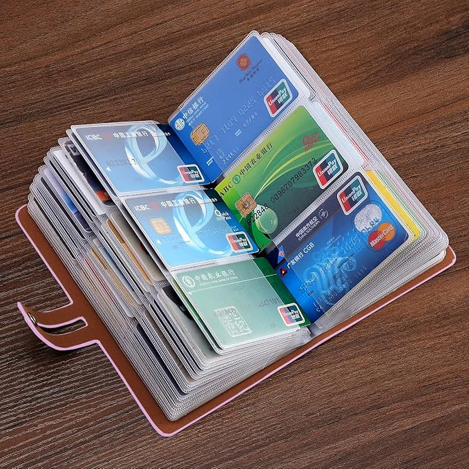 RFID Credit Card Holder, Leather Business Card Organizer with 96 Card Slots, Credit Card Case for Managing Your Different Cards and Important Documents to Prevent Loss or Damage (Pink)