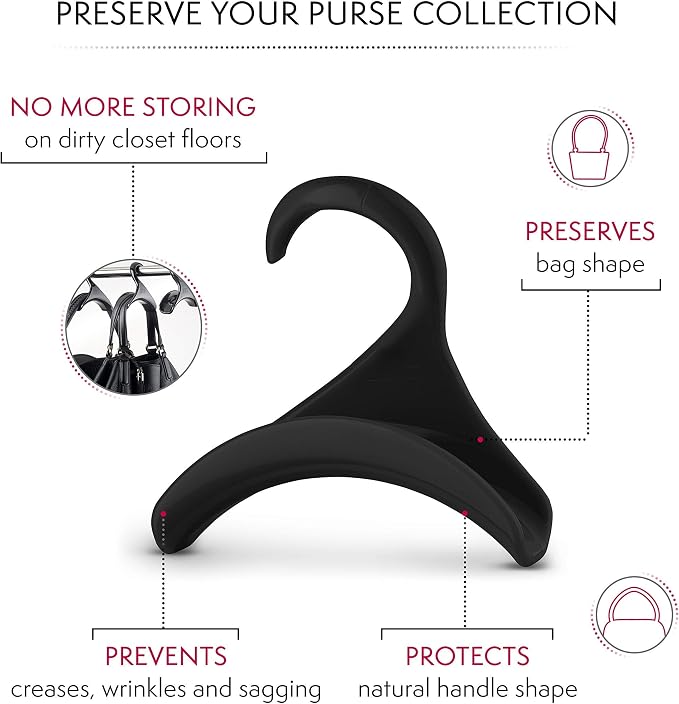 Bag-a-Vie Purse Hanger for Closet - Handbag Organizer Hooks for Hanging Bags & Purses, Protecting Bag Shape & Organizing Space (6 Hangers, Black Plastic)
