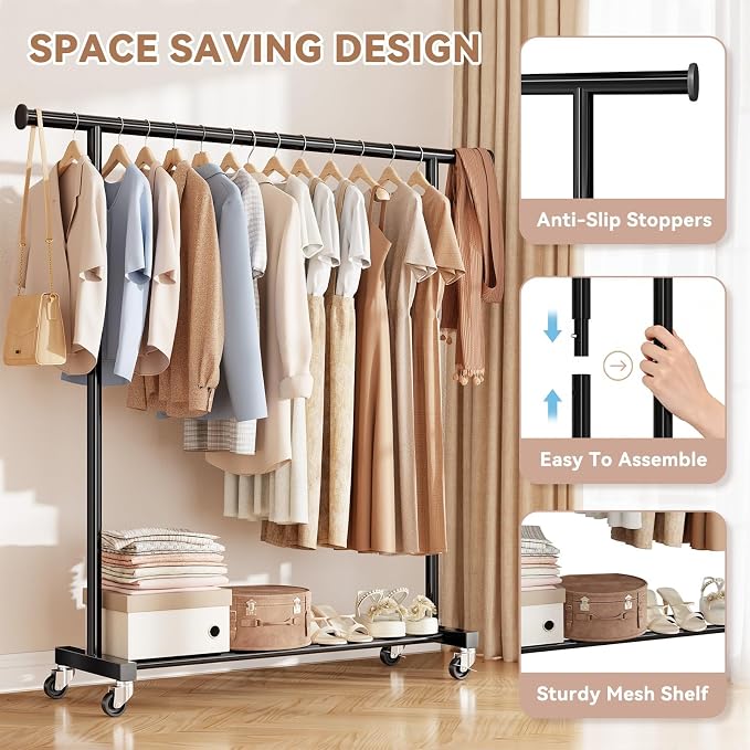 Standard Clothes Rack, Rolling 60“L Clothing Garment Rack with Wheels for Hanging Clothes, Portable Wardrobe Rack for Bedroom, Laundry Room, Black