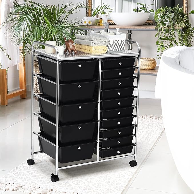 DREAMADE Rolling Cart with 15 Drawers, Clear Plastic Drawer Organizer w/Lockable Wheels, Removable & 2-Sized Storage Drawers, Art Cart for School Home Art Supplies Crafts File Scrapbook (Black)