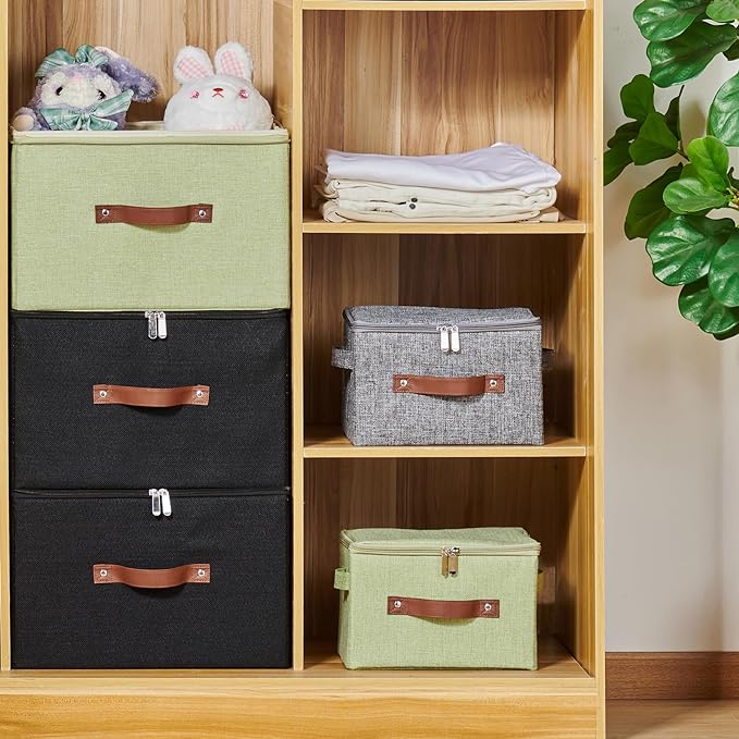 Storage Bins with Zipper Lid Cotton Linen Fabric Lidded Storage Baskets Boxes Foldable Washable Closet Shelf Clothes Organizer Container with PU Leather Handles (Black, Large Size)