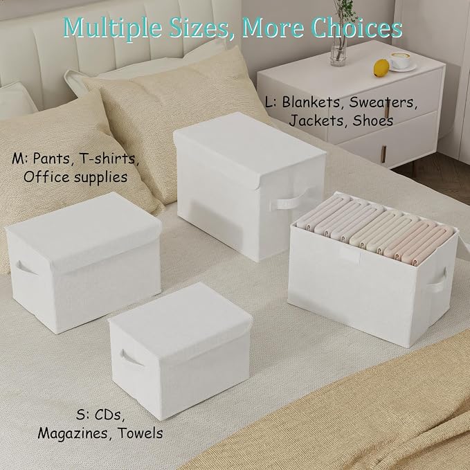 Storage Bins with Lids for Organizing, 4 Pack, White, 15x9.8x9.8 In | Closet Boxes with 2 Carrying Handles and Sturdy Heavy PP-board, Home Organizers Cubes for Clothes, Towels, Blanket