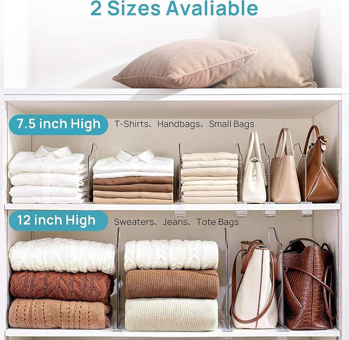 Vtopmart 12 Pack 7.5in Height Shelf Dividers for Closet Organization | Clear, Plastic, Space-Saving, Easy to Install, Fit Shelf Thicknesses 0.4"-1.35", for Purses, Hangbags, Towel and Book
