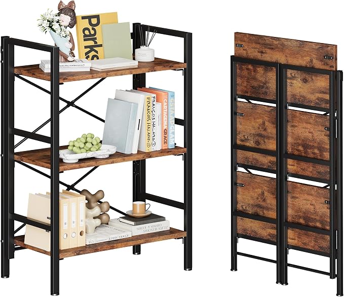 Homeiju Folding Bookshelf No Assembly, 3 Tier Bookcase Foldable Shelf with X-Bracket Design, Adjustable Feet, Space Saving Storage for Living Room, Office (Rustic Brown)