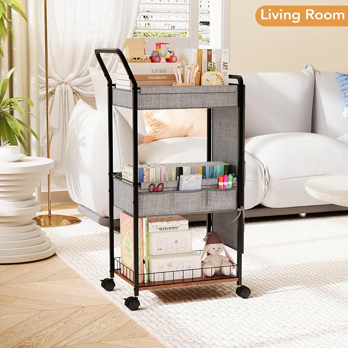 BBLIKE 3-Tier Diaper Caddy Organizer - Rolling Utility Baby Cart with Basket and Side Pockets for Nursery and Baby Essentials, Multi-Function Cart for Bedroom and Bathroom,Gray