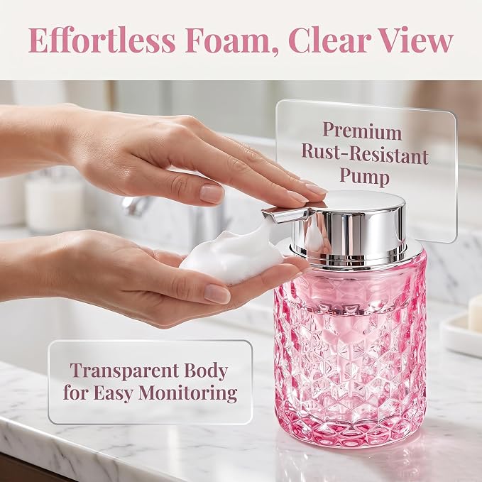 Malachi Foaming Hand Soap Dispenser, Refillable Clear Glass Foam Pump Bottle for Hand Soap, Dish Soap, Body Wash, Shampoo, Facial Cleanser & Baby Wash, Multi‑use for Bathroom, Kitchen & Commercial Use