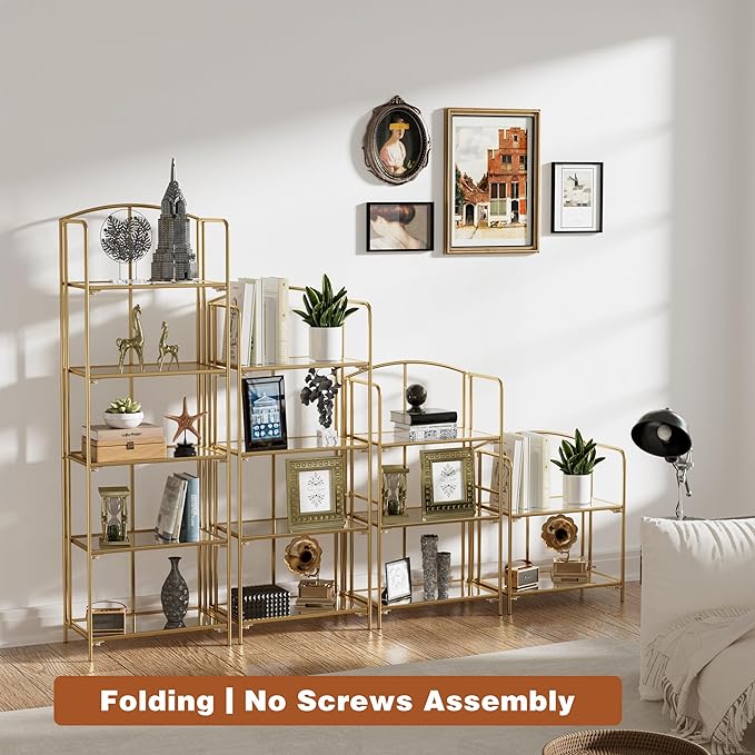 Crofy 2-Tier Foldable Bookshelf, Gold Frame & Transparent Shelves | No-Assembly Collapsible Portable Storage Organizer; Sturdy Transparent Shelves; Ideal for Living Room & Home Office