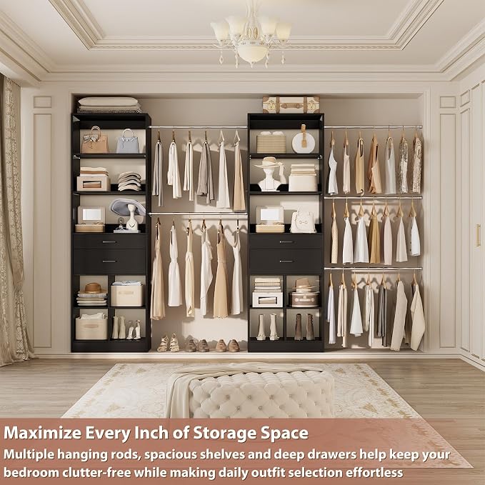 Besiost Closet System, 7.4ft-10ft with 4 Wooden Drawers and 5 Hanging Rods, Can Fit 88 to 123 inch Walk-in Closet System, Black