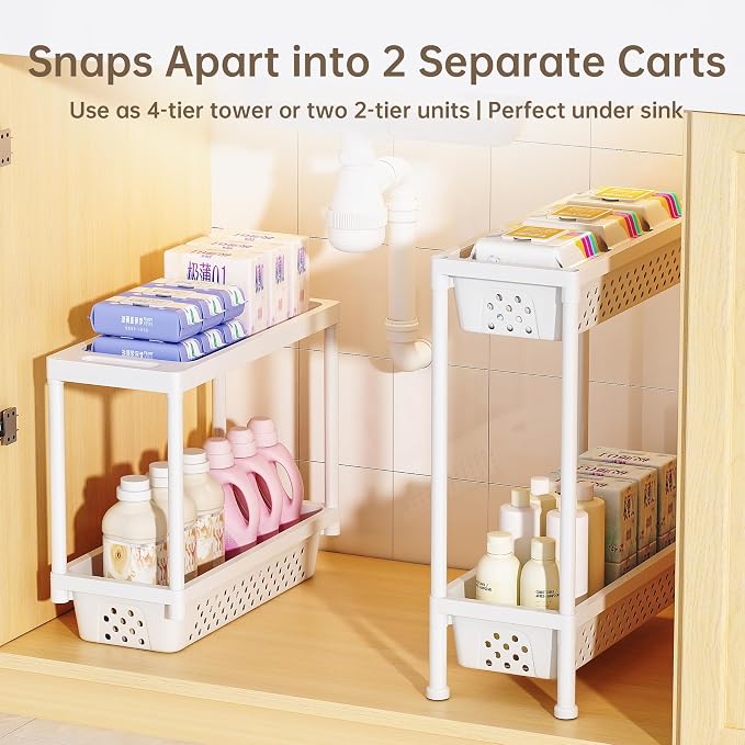 Slim 4 Tier Rolling Storage Cart Narrow Bathroom Organizer on Wheels White | 6.7" wide for tight bathroom/kitchen gaps, extra-tall tier, 360° casters, quick-dry shelves, tool-free storage rack