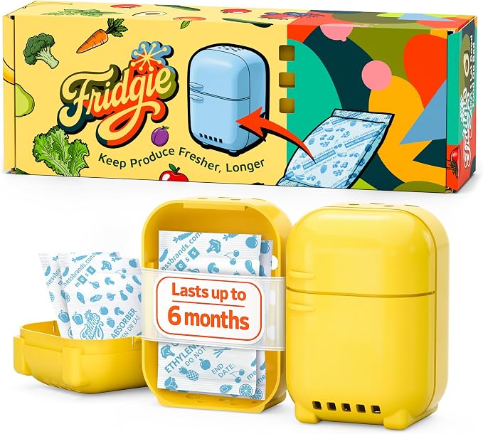 Fridgie Produce Saver, Ethylene Gas Absorber, Fresh Fruit Saver - Yellow | 4 refill packets, lasts up to 1 year, slows ripening, reduces food waste, crisper drawer, saves lettuce, greens, herbs
