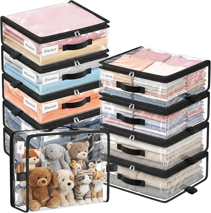 10 Pack Clear Storage Bags with Zipper Handle, Sheet Organizers and Storage | PVC Blanket Storage Bags, Foldable Under Bed Organizer for Baby Clothes Shoes Sweater Toy Bedding Sheet, 15.7x13.8x3.9’’
