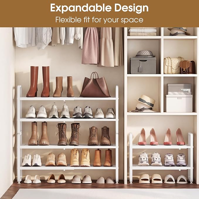 SAYZH Expandable Shoe Rack for Closet, Adjustable Metal Shoe Organizer with Sturdy Mesh Shelves for Boots & Heels, Stackable Shoe Storage for Entryway, Garage, Small Spaces (White, 4-Tier)