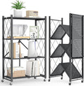 Fenbeli Foldable Shelves with Wheels - 4 Tier Folding Shelf, Collapsible No Assembly Metal Shelving Unit, Origami Storage Shelves & Rolling Storage Rack with 8 Hooks for Kitchen Pantry Garage