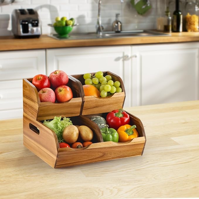 Acacia Wood Pantry Storage Bins - Stackable Open Front Kitchen Baskets for Potato, Onion, Fruit, Vegetable, and Bread Storage, Wood Organizer for Pantry (Warm Acacia)