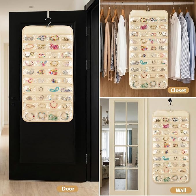 4 Pcs Hanging Jewelry Organizer with 80 Pockets | Dual-Sided Jewelry Holder Hanging Storage Organizer Hanger Closet for Bracelet Necklace Ring Earring Accessories, Beige
