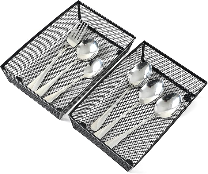 BYCY Silverware Drawer Organizer, Mesh Utensil Organizer for Kitchen Storage, Black Steel Metal Mesh Tray for Flatware Fork Spoon Knife (9x6-4P-Black)