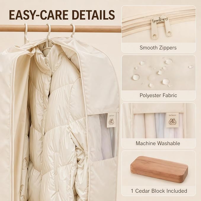 Space Saving Hanging Garment Bag, Compression Zipper for Coats & Jackets | Hanging storage keeps clothes visible and easy to find; holds 12-15 coats or 20-25 light garments; no pump needed.
