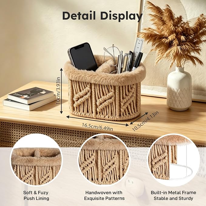 Remote Control Holder, Woven Plush Lined TV Remoter Holder Caddy | Nightstand Desk Dresser Table Storage Organizer for TV Remotes, Media Controllers, Glasses, Office Supplies (Brown, 2 Slots)