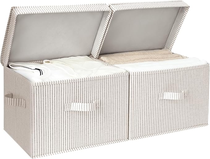 StorageWorks Fabric Storage Bins with Lid, Decorative Storage Boxes for Shelves, Stackable Closet Organizer Basket with Handles, Large, Khaki and Beige Stripes, 2-Pack