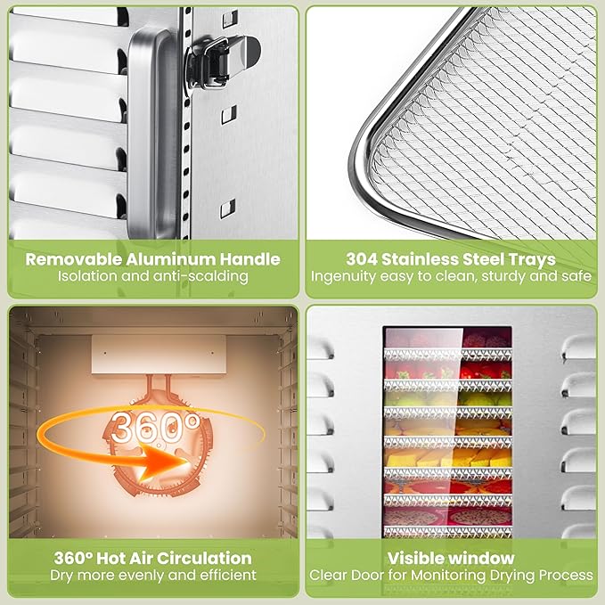 Commercial 10 Trays Food Dehydrator Machine for Jerky and Herbs Usable Area up to 24.65ft² and 194℉ Temperature 1000W Detachable Stainless Steel Dryer for Meat Fruit Mushrooms Beef Food Silvery