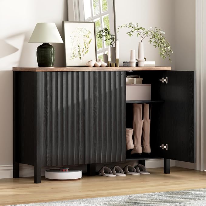 Vlsrka Shoe Cabinet with 3 Doors, Narrow Wooden Shoe Cabinet, Hidden Shoe Storage for Entryway, Foyer, Hallway (Black D)