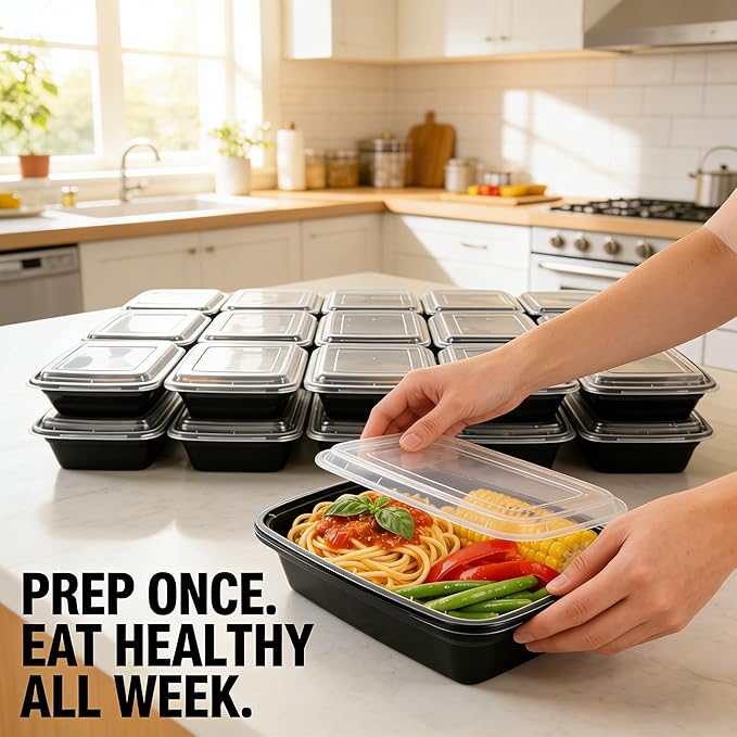 KUMD 50 Pack(100 Pieces) 32 oz Meal Prep Containers with Lids, Leakproof Food Storage Containers for Adult Office Lunch, Gym, Fitness & Bulk Food Prep, Microwave & Freezer Safe Reusable Plastic Tubs
