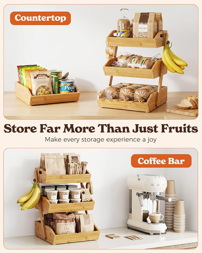Sevenblue 3-Tier Bamboo Fruit Basket with 2 Banana Holders | Large tiered organizer for bread, snacks, veggies. Sturdy bamboo, includes mats & dividers. Easy to assemble.