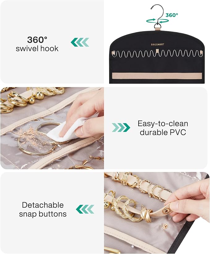 BAGSMART Hanging Jewelry Organizer Claw Clip Necklace Holder Roll for Hair Ties, Headbands, Clips, Earrings, Necklaces, Glasses Double-Sided on Closet, Wall, Door, 1 piece, Large-Light Beige