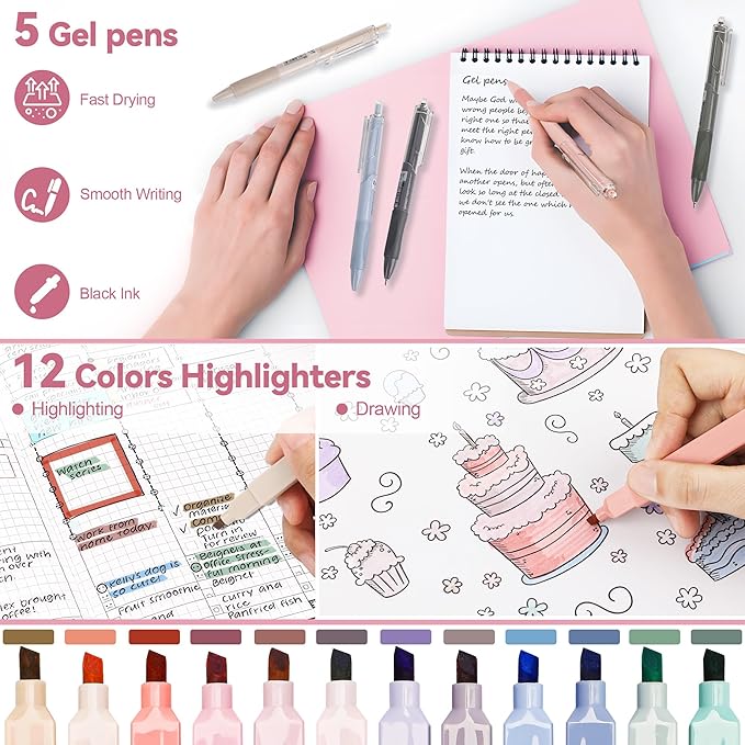 DazSpirit 61 PCS Aesthetic School Supplies with Cute Pencil Case, Pastel No Bleed Highlighters, Gel & Erasable Pens, Mechanical Pencils, Refills, Complete Essentials Stationery Kit for Students (Pink)