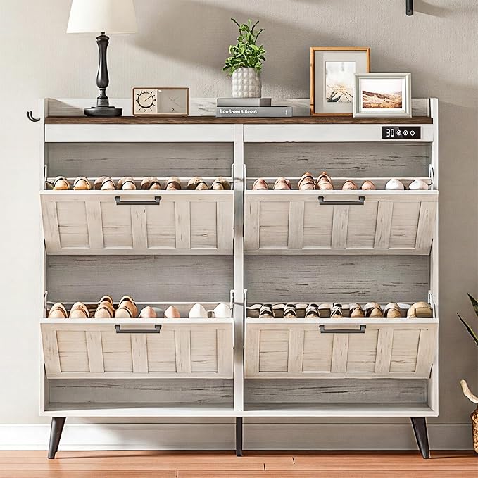 ChooChoo Shoe Storage Cabinet with 4 Flip Drawers, Deodorizing Shoe Organizer Storage for Entryway, Freestanding Hidden Slim Narrow Shoe Rack Cabinet, Antique White & Brown