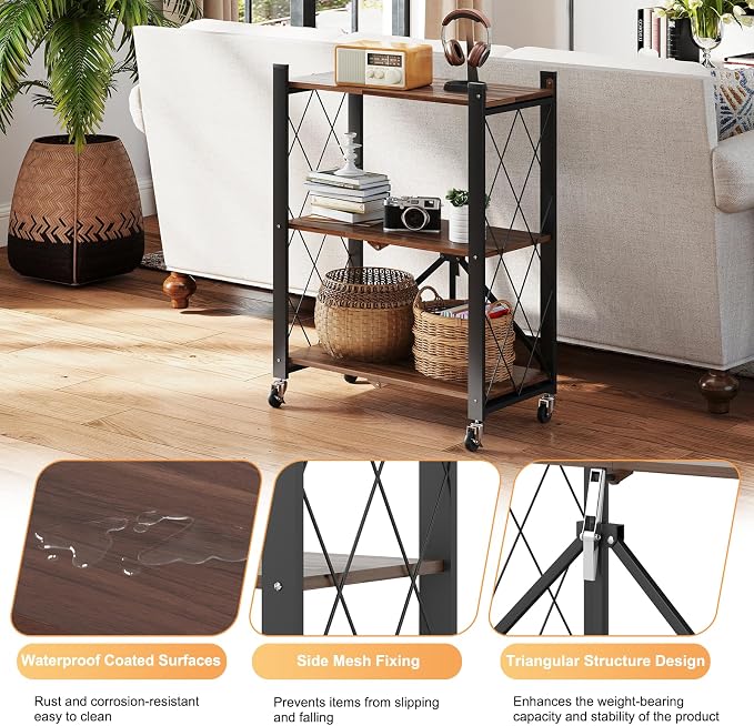3 Tier Vintage Multifunctional Folding Shelf with Wheels, Portable Heavy Duty Storage Shelving, No-Assembly Folding Bookshelf, Metal Collapsible Rack Unit for Kitchen, Office, Bedroom, Rustic Brown