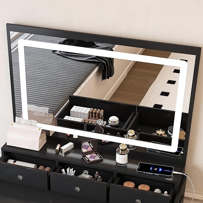 Small Vanity Desk with Mirror and Lights, Makeup Vanity Table with Large Mirror & 5 Drawers & Stool & Hair Dryer Holder, Dressing Table Set for Bedroom, Brightness Adjustable